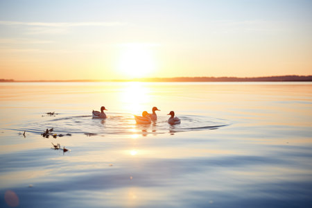 sun peeking over horizon, ducks in foregroundの素材