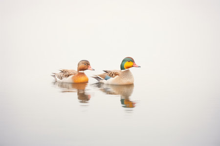 two ducks swimming side by side in morning hazeの素材