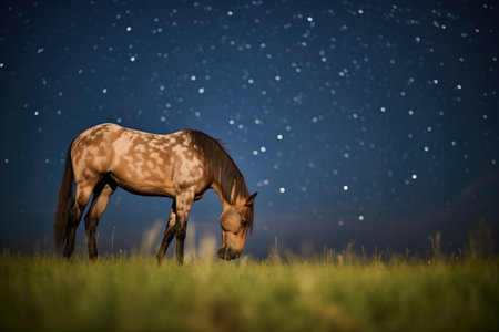 grazing horse profiled by the night skyの素材