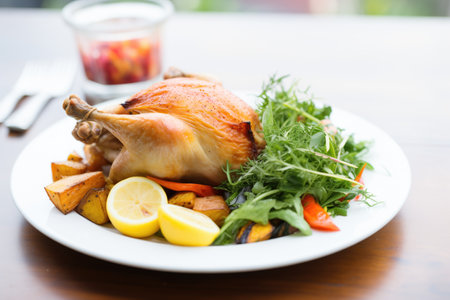 roasted chicken dinner plate with veggies and herb garnishの素材