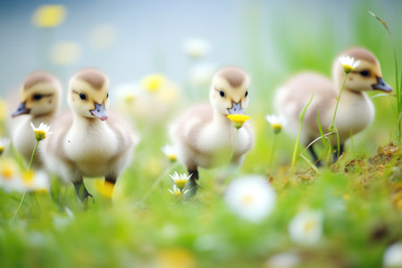 goslings following geese through a patch of daisiesの素材