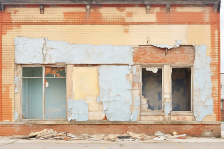 crumbling facade of a brick house with broken windowsの素材