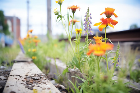 wildflowers growing between unused railway tiesの素材
