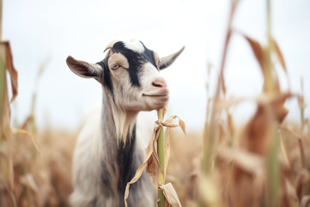 domestic goat feeding on corn stalksの素材