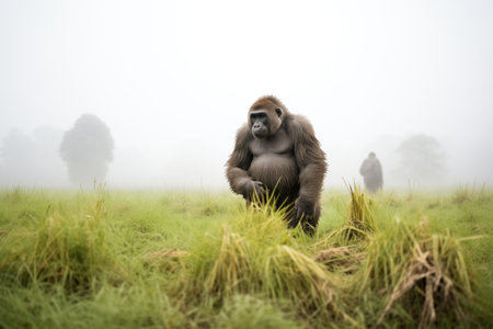 lone gorilla standing in mist-covered clearingの素材