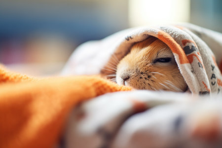 close view of a hamster hibernating amongst fleeceの素材