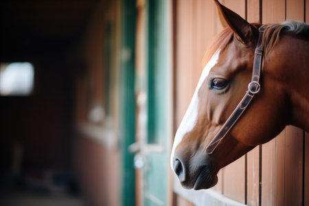 horse glancing sideways from a stable slotの素材