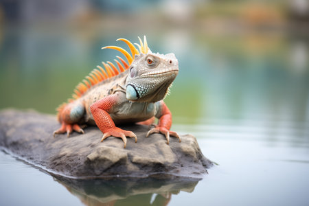 iguana perched on a rock near waterの素材