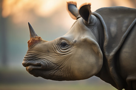 majestic indian rhinoceros profile during golden hourの素材