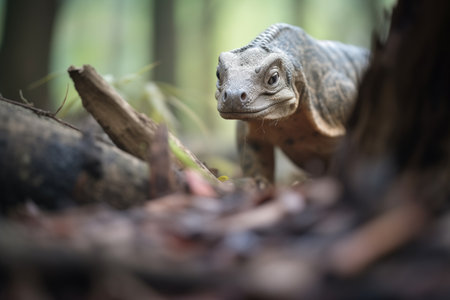 komodo dragon entering its burrow in forest areaの素材