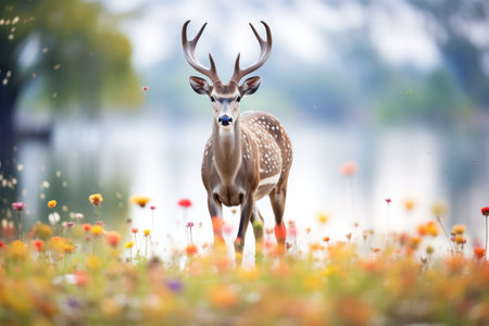 kudu standing amidst blooming wildflowersの素材