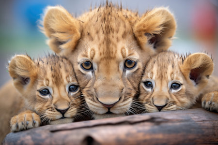 lion family huddle during a raの素材