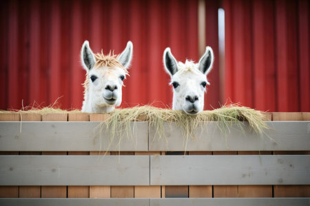 two llamas nesting in hay inside a wooden farm fenceの素材