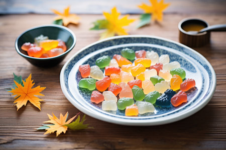 assorted fruit-flavored cannabis jelly candies on a dishの素材