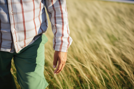 shadows of waving grass on a person standing stillの素材