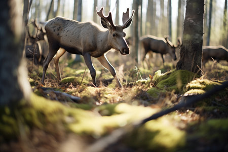 shadows of moose herd on forest floorの素材