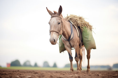 dust-covered mule after a days work in fields, standing stillの素材
