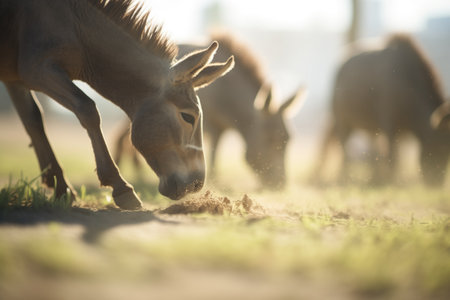 mules grazing in arid field, dust particles in airの素材