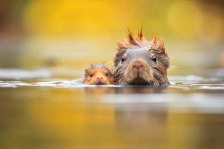young muskrat following adult in waterの素材