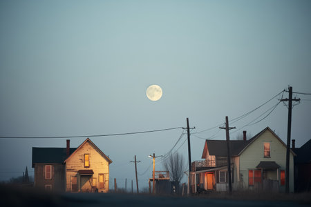 abandoned houses silhouette against an eerie full moonの素材