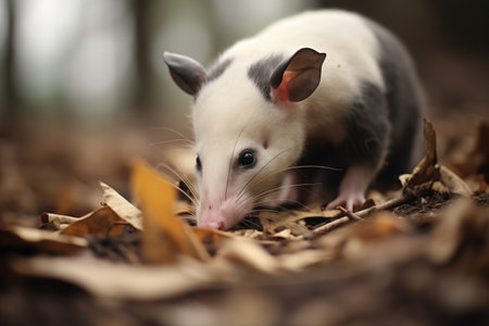 opossum digging through leaf litterの素材