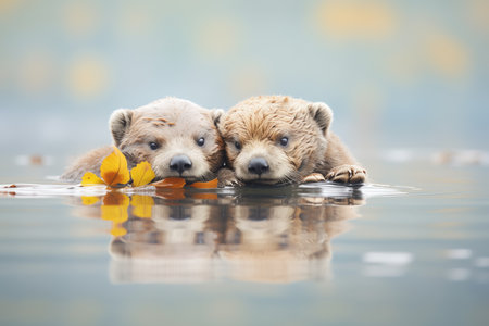 a pair of otters intertwined paws in a calm riverの素材