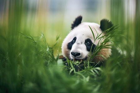 black and white panda amid green bambooの素材