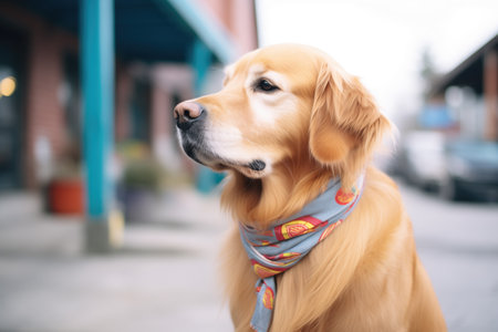 golden retriever waiting with a bandana post-trimの素材