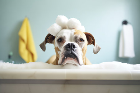 dog sitting in a bathtub with foam on its headの素材