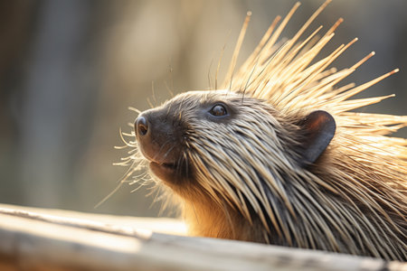 lone porcupine, quills backlit by sunの素材