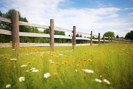 wooden fence surrounding a meadowの素材