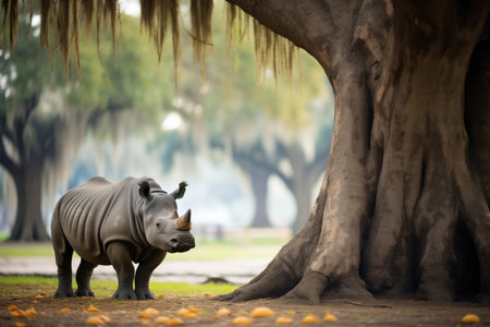 solitary rhino under acacia tree in savannahの素材