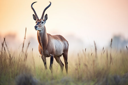 male roan antelope standing guard at sunriseの素材