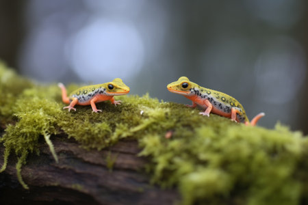 salamander pair on a mossy logの素材