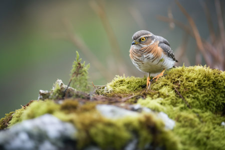 sparrowhawk on a mossy rock with preyの素材