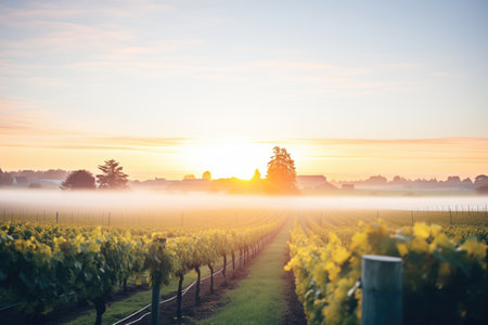 misty sunrise over a vineyardの素材