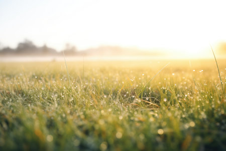 dew glistening on vast grass plains at dawnの素材