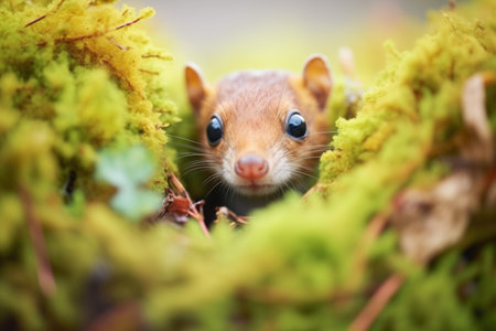alert weasel with bright eyes peeking from a leaf-covered holeの素材
