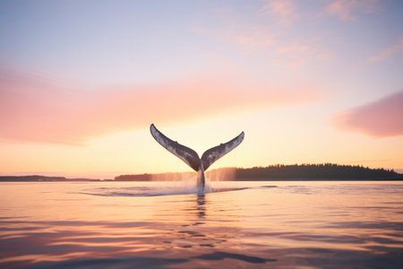 whale tail flipping above water at sunsetの素材