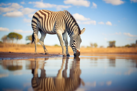 zebra drinking with reflection of cloudsの素材