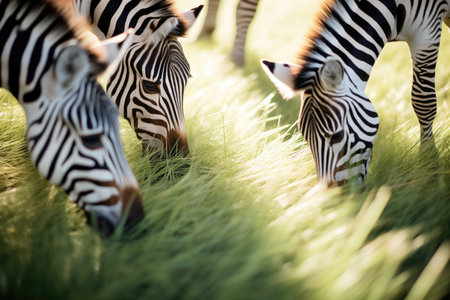 zebras casting shadows on sunlit grassの素材