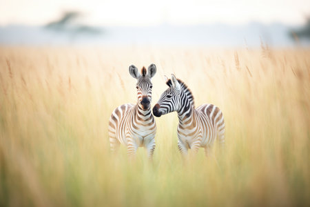 zebras interacting gently in a serene grasslandの素材