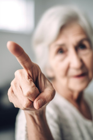 closeup shot of a woman pointing to her fingers at homeの素材