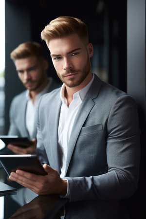 shot of a handsome young man using two digital tablets in the officeの素材