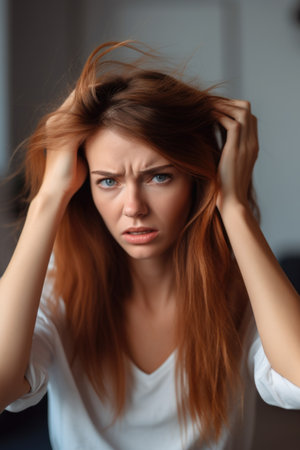 woman with hands in hair, frustrated and worried about problems at homeの素材
