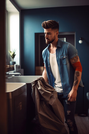 shot of a young man taking out the trash at homeの素材