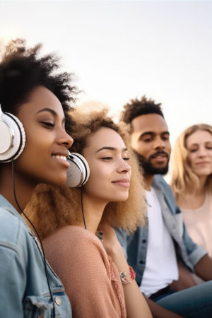 shot of a group of friends listening to music while relaxing on the beachの素材