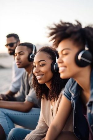 shot of a group of friends listening to music while relaxing on the beachの素材