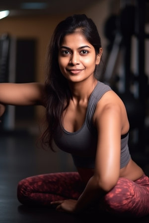 fitness, indian woman and yoga pose for health, wellness or core exercise in gym for flexibilityの素材