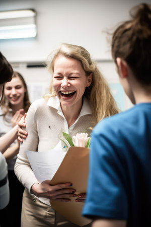 shot of a teacher congratulating her students on their exam resultsの素材